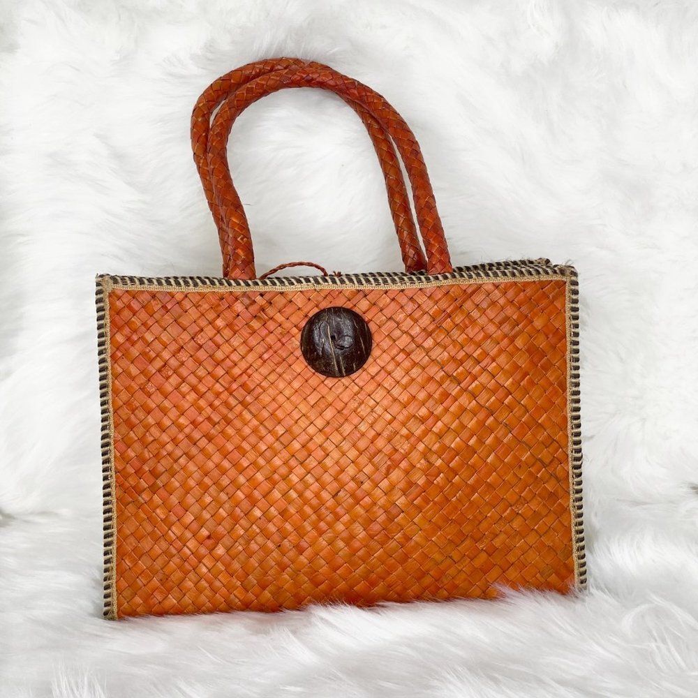 Orange Straw Bag with Wooden Button Closure Medium Size